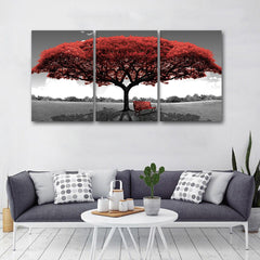 Tablou canvas copac 5 piese gri si rosu RED TREE