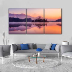 Tablou multicanvas apus la munte apa rau colorat MOUNTAIN PURPLE SUNSET