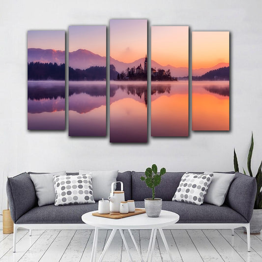 Tablou multicanvas apus la munte apa rau colorat MOUNTAIN PURPLE SUNSET