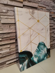 Set tablouri canvas moderne abstracte design decoratiuni living dormitor model nou elegant alb cu albastru si auriu geometry MARBEL BLUE FLOW