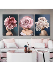 Set tablouri living sau dormitor femei cu flori roz si albastru design interior modern decoratiuni casa panza canvas - PINK FLOWER WOMAN