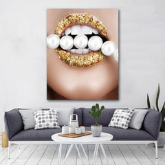 Tablou canvas buze aurii perle GOLD LIPS WHITE BEADS