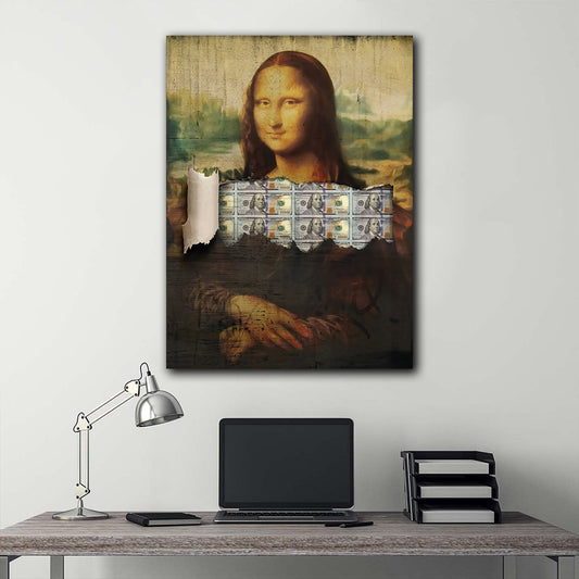 Tablou canvas Monalisa Gioconda abstract motivational bani cadoul perfect barbati prieteni decorare birou panza pe sasiu de lemn Money lisa