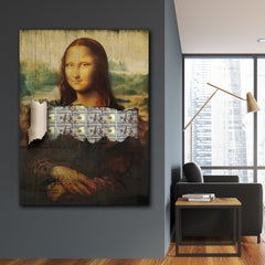 Tablou canvas Monalisa Gioconda abstract motivational bani cadoul perfect barbati prieteni decorare birou panza pe sasiu de lemn Money lisa
