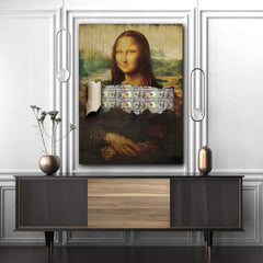 Tablou canvas Monalisa Gioconda abstract motivational bani cadoul perfect barbati prieteni decorare birou panza pe sasiu de lemn Money lisa