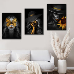 set Tablouri Canvas Design interior Modern Elegant femei flori Negru si Auriu Panza Canvas Rama Lemn - Black And Gold hat flower woman