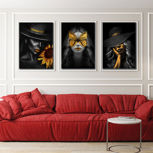 set Tablouri Canvas Design interior Modern Elegant femei flori Negru si Auriu Panza Canvas Rama Lemn - Black And Gold hat flower woman