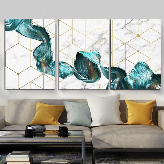 Set tablouri canvas moderne abstracte design decoratiuni living dormitor model nou elegant alb cu albastru si auriu geometry MARBEL BLUE FLOW