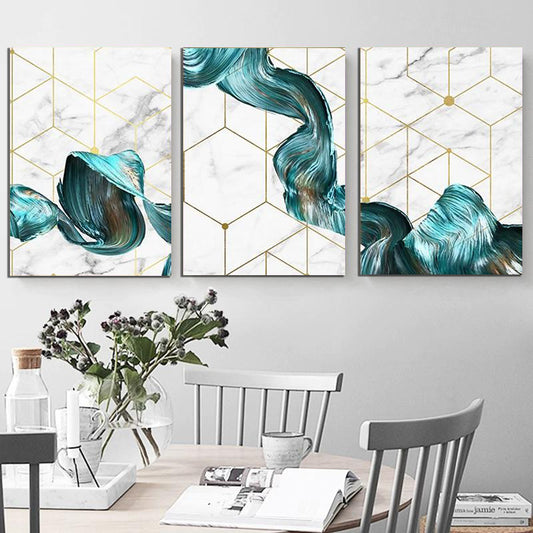 Set tablouri canvas moderne abstracte design decoratiuni living dormitor model nou elegant alb cu albastru si auriu geometry MARBEL BLUE FLOW