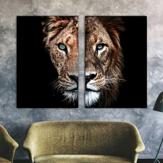 set Tablouri Canvas dormitor living Cuplu Lei Rege si Regina negru auriu design interior modern elegant - black and gold lion lioness king 2*90x120