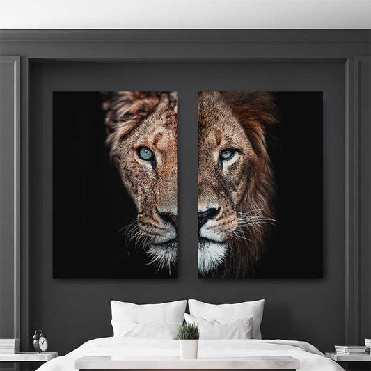 set Tablouri Canvas dormitor living Cuplu Lei Rege si Regina negru auriu design interior modern elegant - black and gold lion lioness king 2*90x120