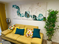 Set tablouri canvas moderne abstracte design decoratiuni living dormitor model nou elegant alb cu albastru si auriu geometry MARBEL BLUE FLOW