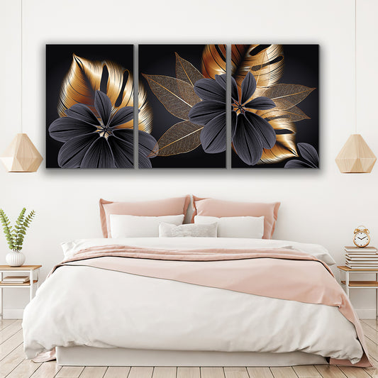 Set tablouri abstracte minimaliste flori moderne auriu si negru design interior decoratiuni casa living panza canvas pe sasiu MODEL 49