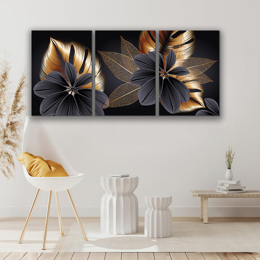 Set tablouri abstracte minimaliste flori moderne auriu si negru design interior decoratiuni casa living panza canvas pe sasiu MODEL 49