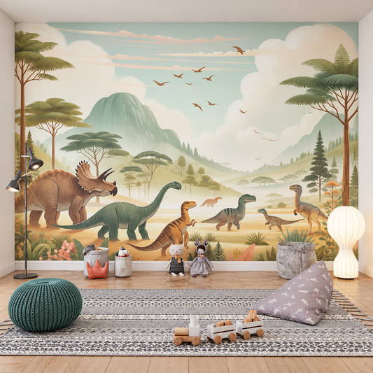 Fototapet Copii Dinozauri - Peisaj Preistoric Pastelat