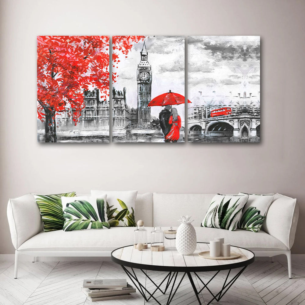 Tablou canvas schita Londra gri si rosu RAINY LONDON 3*75x100