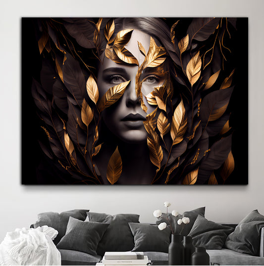 Tablou Gold tropical leaf Woman femeie cu frunze aurii si negru black and gold design fineart camera de vis sau living modern walldecor
