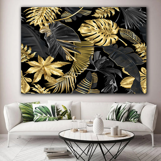 Tablou canvas Tropical Gold Leaf Abstract frunze aurii si fundal negru