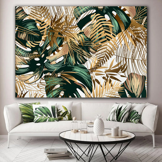 Tablou canvas Tropical Gold Abstract frunze aurii si verzi