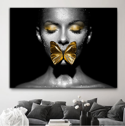 Tablou canvas portret femeie cu fluture de aur si negru black and gold design fineart camera de vis sau living modern fabricat in Romania