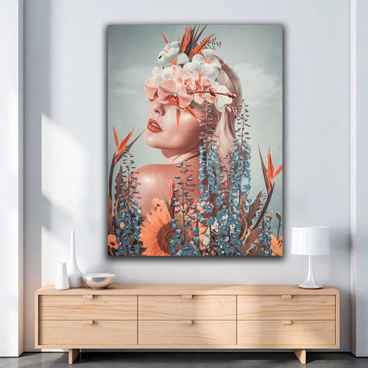 Tablou femeie cu flori pe ochi fantezie portocaliu si albastru design interior fine art model abstract pentru o camera de vis Woman in Nature