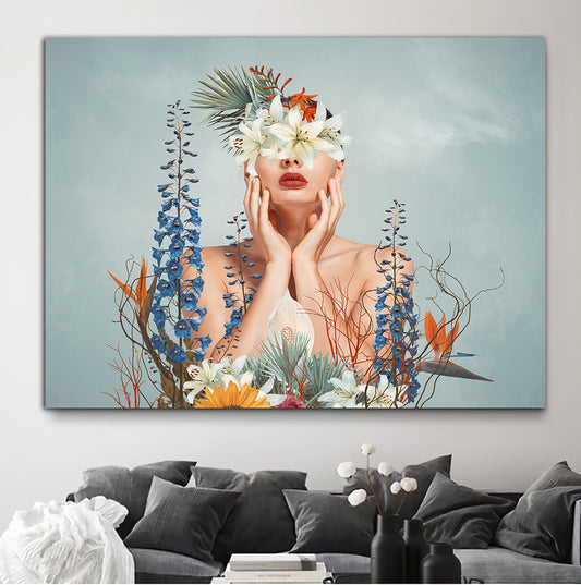 Tablou femeie cu crini pe ochi flori fantezie alb si albastru design interior fine art model abstract pentru o camera de vis Woman in Nature