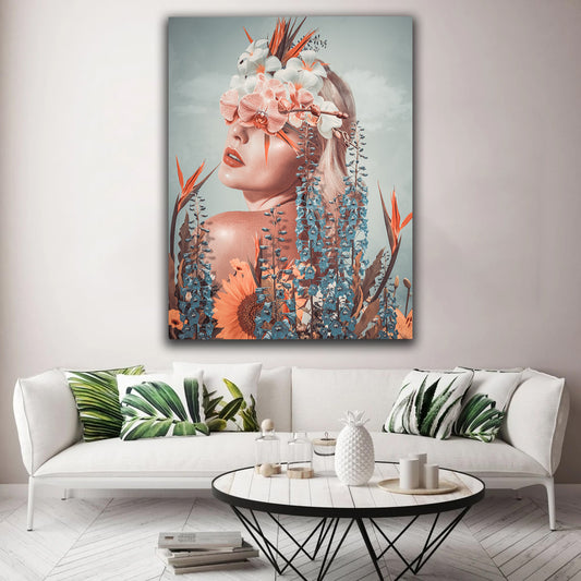 Tablou femeie cu flori pe ochi fantezie portocaliu si albastru design interior fine art model abstract pentru o camera de vis Woman in Nature