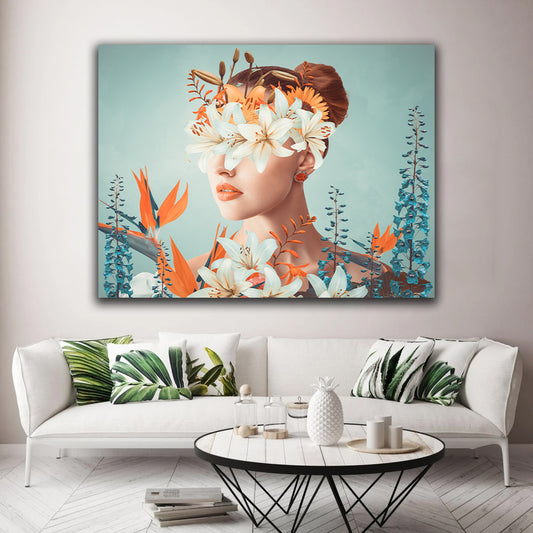 Tablou femeie cu flori pe cap si ochi flori fantezie portocaliu si alb design fine art model abstract pentru o camera de vis Woman in Nature