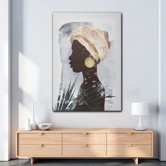 Tablou panza femei africana portret abstract modern negru si auriu design interior decoratiuni living dormitor fabricate in Romania MADIRA