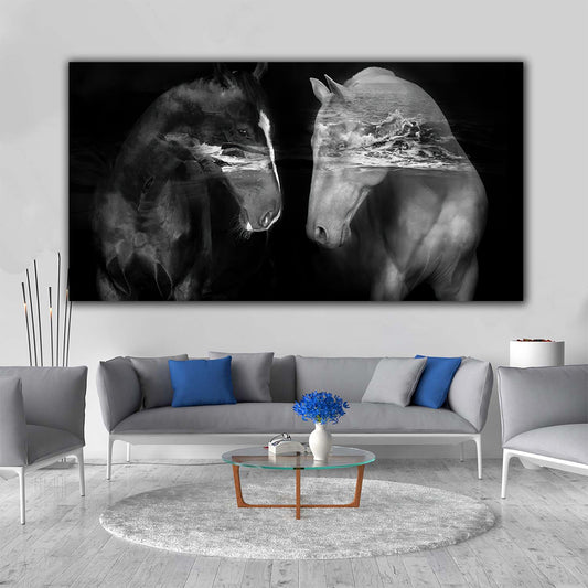 tablou abstract cu cai pentru living dormitor nuante de negru si alb valuri design interior modern panza canvas rama de lemn fabricat romania