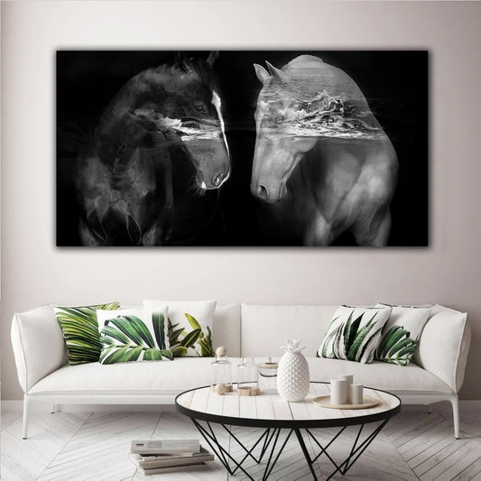 tablou abstract cu cai pentru living dormitor nuante de negru si alb valuri design interior modern panza canvas rama de lemn fabricat romania