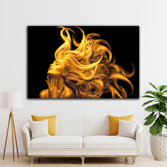 Tablou canvas femeie cu parul de aur pe fundal negru