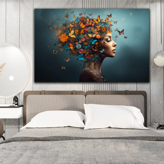 Tablou canvas abstract woman femei cu fluturi si flori colorate in cap