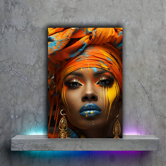 Tablou canvas femeie africana cu buze albastre turban in cap si cercei de aur
