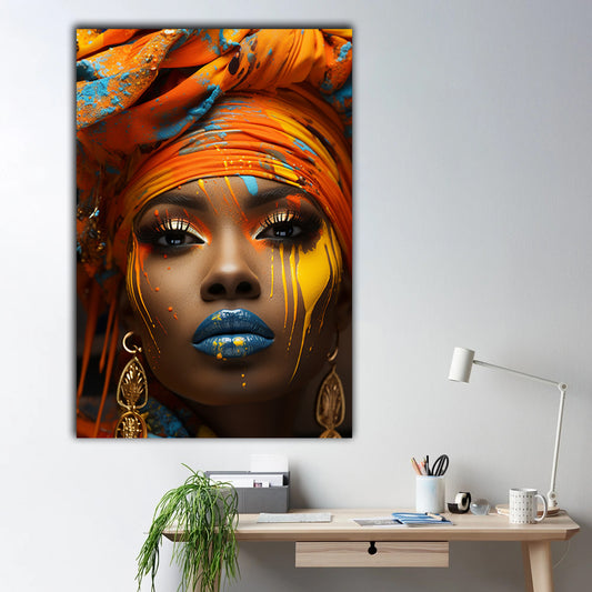 Tablou canvas femeie africana cu buze albastre turban in cap si cercei de aur