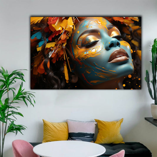 Tablou canvas femeie africana cu fata pictata si decoratiuni multicolore in par