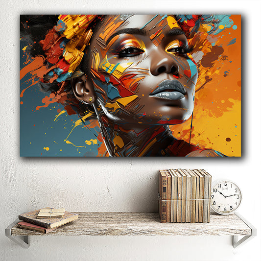 Tablou canvas femeie africana cu fata si parul pictate multicolor pe fundal turcoaz cu portocaliu