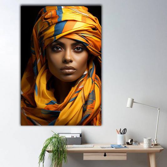 Tablou canvas femeie africana imbracata traditional cu turban si esarfa galbena
