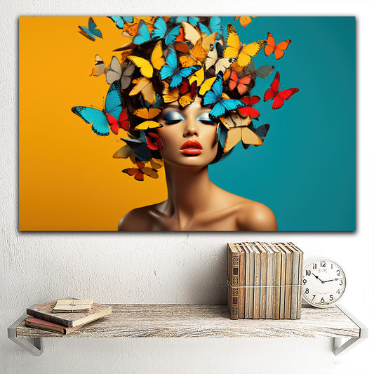 Tablou canvas femeie cu fluturi colorati in cap