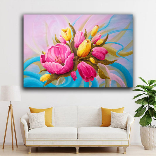 Tablou canvas cu flori roz si galbene cu frunze lungi pictate