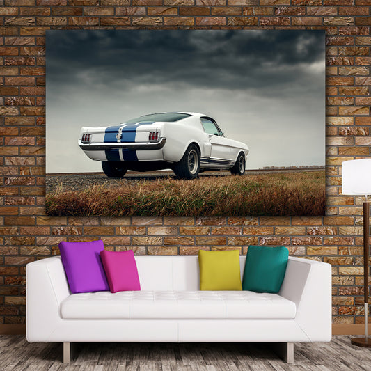 Tablou canvas Ford Mustang alb cu dungi albastre