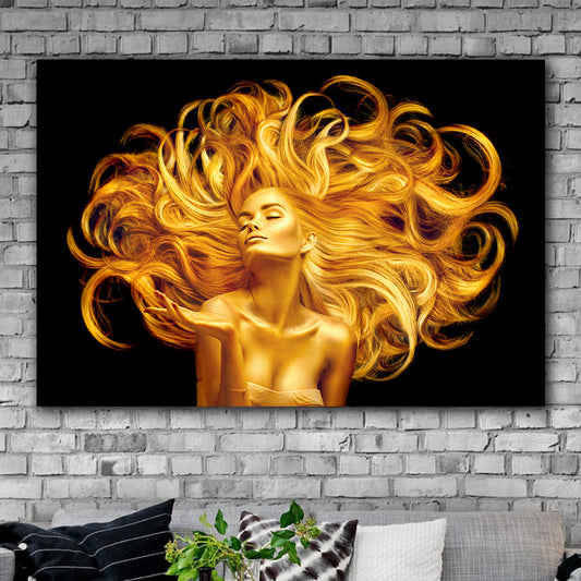 Tablou canvas femeie cu parul auriu fundal negru black and gold design modern living birou fabricat in romania