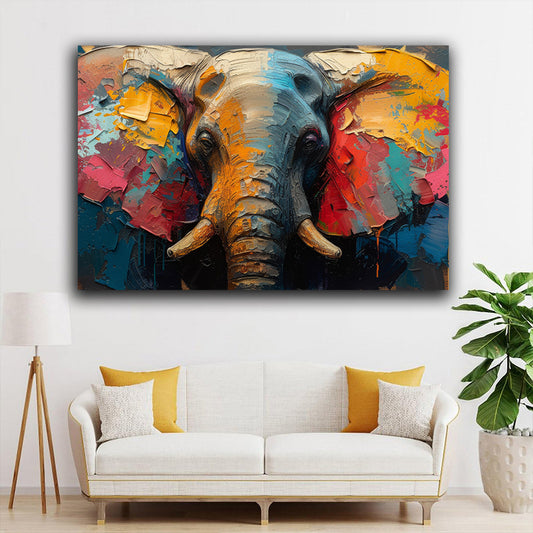 Tablou canvas cu elefant multicolor pe fundal albastru