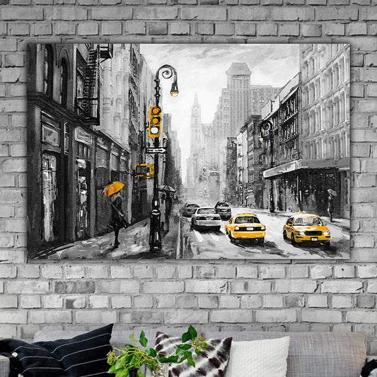 Tablou canvas desen peisaj oras New York City taxiuri blocuri accent pe culoarea galben