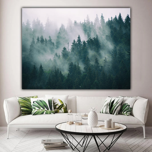 Tablou canvas peisaj padure cu brazi acoperita de ceata in mijlocul muntilor