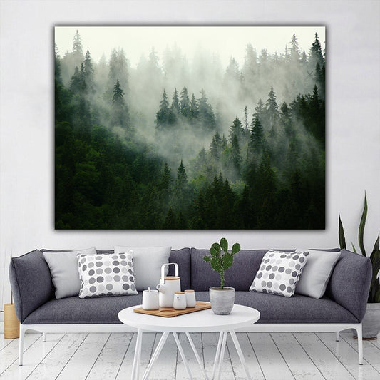 Tablou canvas peisaj padure de conifere brazi acoperita de ceata in mijlocul muntilor