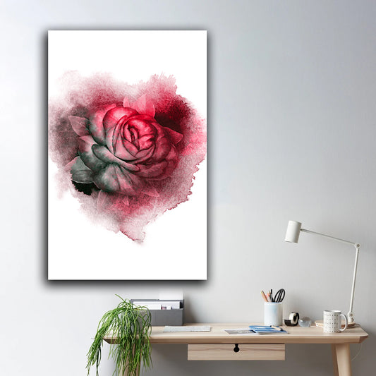 Tablou canvas trandafir rosu cu frunze verzi pierdut in fundalul alb