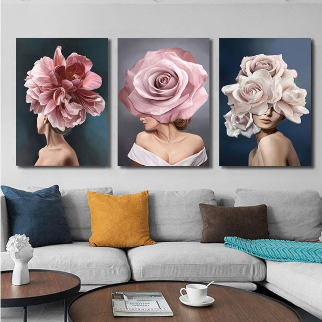 Set tablouri canvas femei cu flori PINK FLOWER WOMAN