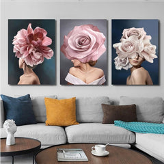 Set tablouri living sau dormitor femei cu flori roz si albastru design interior modern decoratiuni casa panza canvas - PINK FLOWER WOMAN