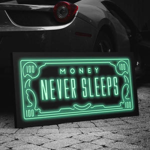 Tablou motivational neon Money never sleep
